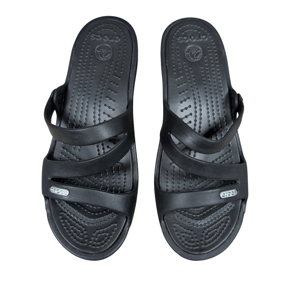 Crocs Patricia Black Wedge Sandals Womens Size 7 Multi Strap Comfort Shoes EUC